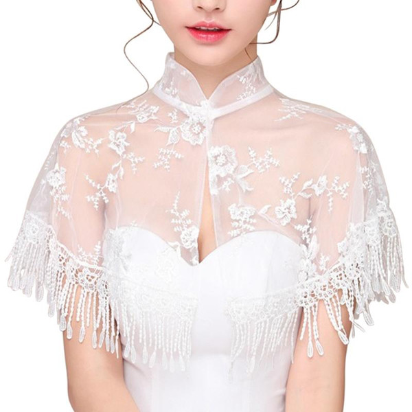 KLV 1Pc Wedding Shawl High Neck Wedding Bolero Floral Lace Tassel Bridal Wraps Cape Women Shrug Accessories