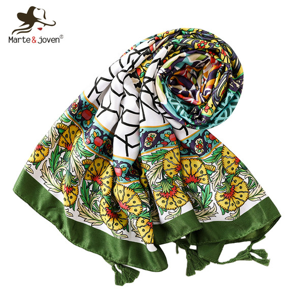 Marte&Joven Novelty Flower Print Green Tassel Scarf Women Elegant Geometric Sunscreen Wraps for Ladies Oversize Shawl