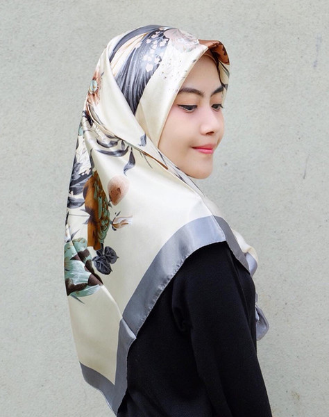 Factory Wholesale Fresh And Elegant Flowers Muslim Hijab Square Satin Imitate Silk Headscarf Top Quality wholesale mix color