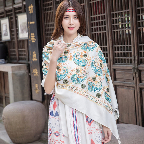 White Embroider Flower Cashmere Scarf Women Winter Warm Fine Tassels Scarf Oversize Shawl Fashion Shawl Scarves