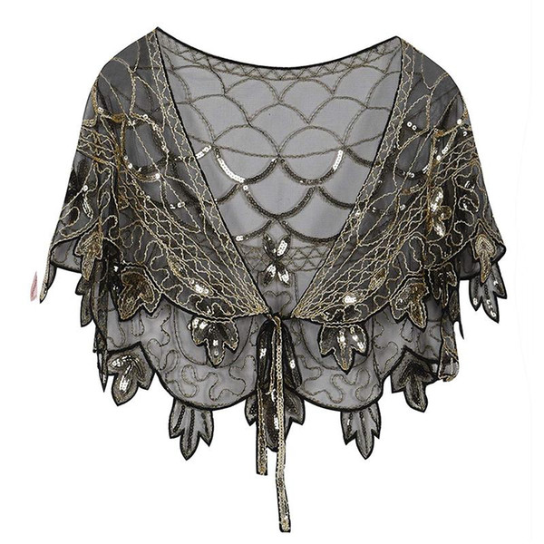 Vintage 1920s Flapper Shawl Sequin Beaded Short Cape Beaded Decoration Gatsby Party Mesh Short Cover Up Dress Accessory