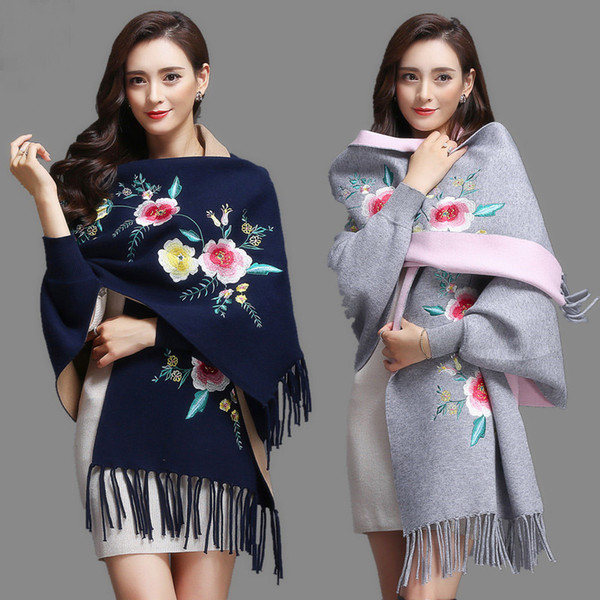 Women Scarf Oversized Winter Scarves Shawl Embroider Thick Warm Tassels Cotton Wool Blend Poncho Floral Women's Scarf Cape