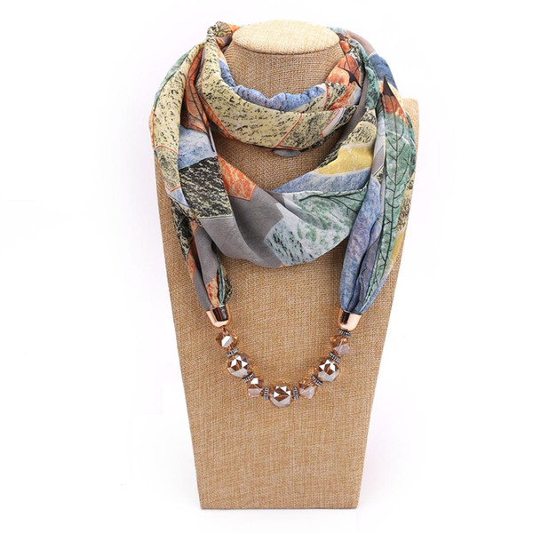 New Geometric Beads Necklaces Printing Flowers Pattern Wrap Chiffon Statement Scarf Necklace For Women Bohemian Jewelry