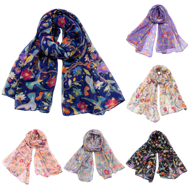 Autumn And Winter Fashion Animal Silk Scarf Lady Hummingbird Sun Flower Print Beigeyarn Comfortable Leisure Scarf