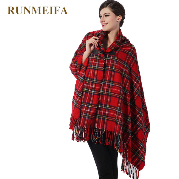 RUNMEIFA Korean Fashion version of plaid hooded cloak cape dual British Grand Bohemian scarf shawl Free Shipping