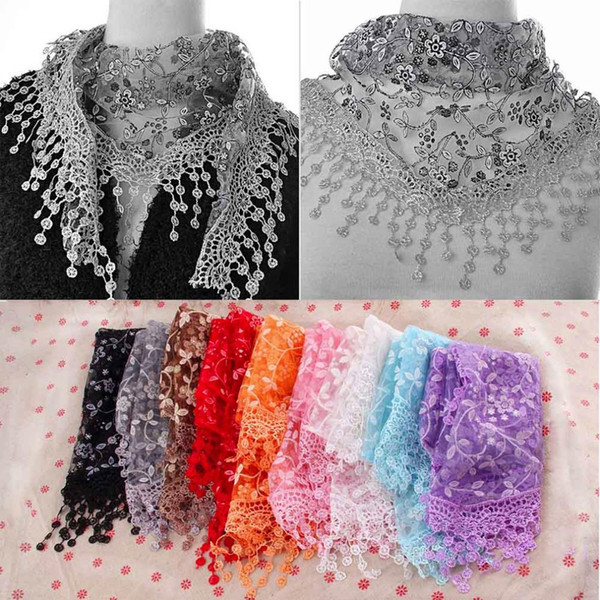 Summer Lady Lace Tassel Triangle Scarf Sheer Metallic Women Bandage Floral scarves Shawl female bufanda mujer