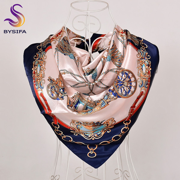 [BYSIFA] Women Navy Blue Silk Scarf Shawl Winter New Plaisley Square Scarves Wraps 90*90cm Spring Autumn Muslim Head Scarf Cape