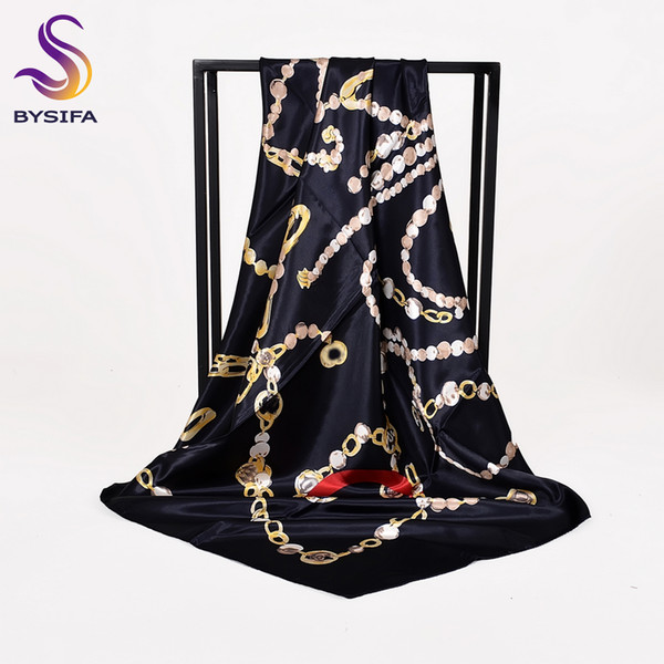 [BYSIFA] Ladies Black Silk Scarf Shawl Fashion New Brand Chain Square Scarves Wraps 90*90cm Spring Autumn Muslim Head Scarf Cape