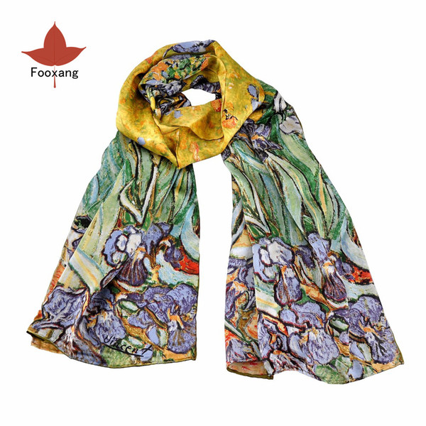 Women's 100% Luxury Silk Scarf Oblong Floral Shawls Wraps Van Gogh's Arts Works Irises Greens