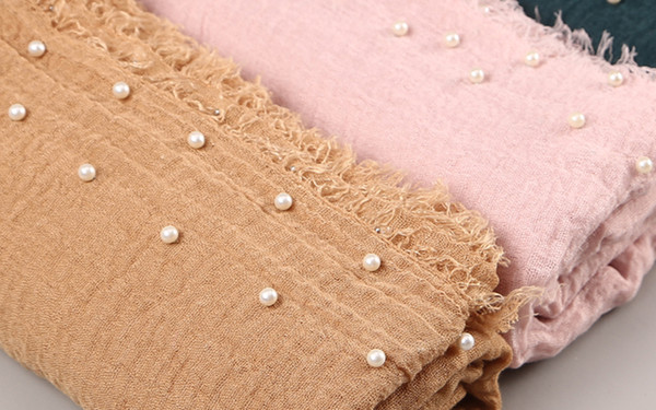 10 PC/lot Women Plain Bubble Cotton Beads Wrinkle Scarf Shawl Solid Crumple Pearl Wrap Pashminas Headband Foulards Muslim Hijab