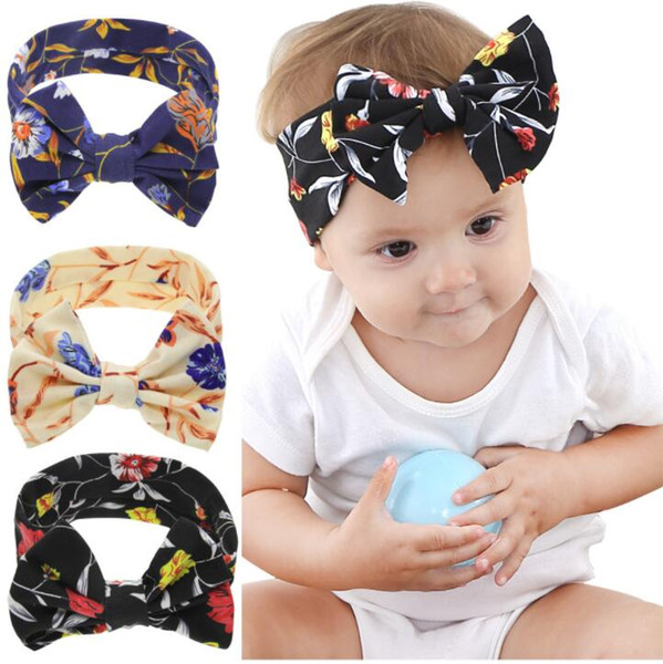 2018 Naturalwell Baby Infant Girls Flower Print Headbands Children Cute Rabbit Ear Headwraps Baby Bow kont hair