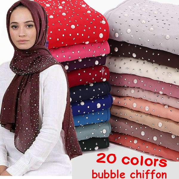 1 pc New Women's Bubbles Chiffon Scarf With diamond studs Pearls scarf plain hijab shawls Wraps solid color muslim hijab