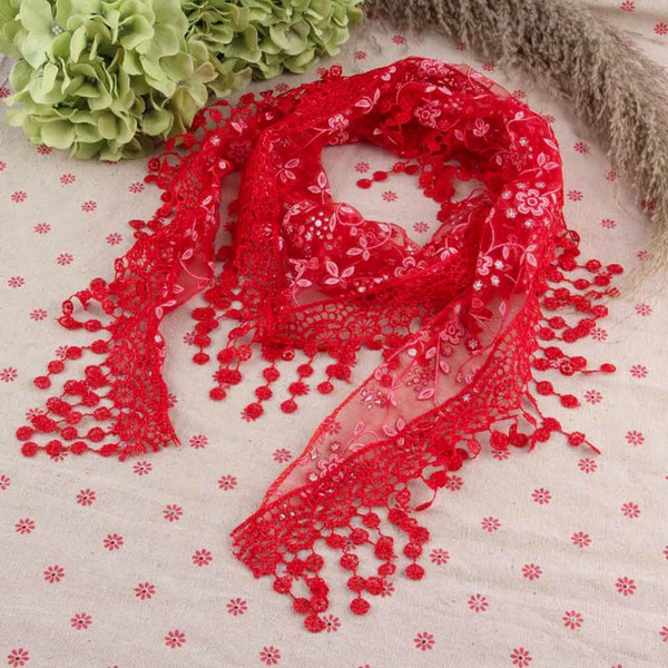 Summer Women Lace Tassel Triangle Scarf Sheer Metallic Women Bandage Floral Scarves Shawl Female Bufanda Mujer A30