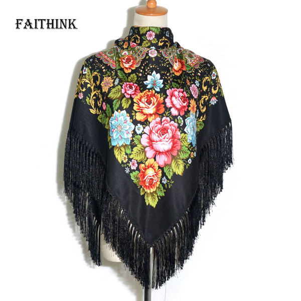 [FAITHINK] Fashion Women Tassel Classic Scarf Floral Printed Russian Shawl Gift Cotton Lady Warm Square Wrap Sunshade Scarves