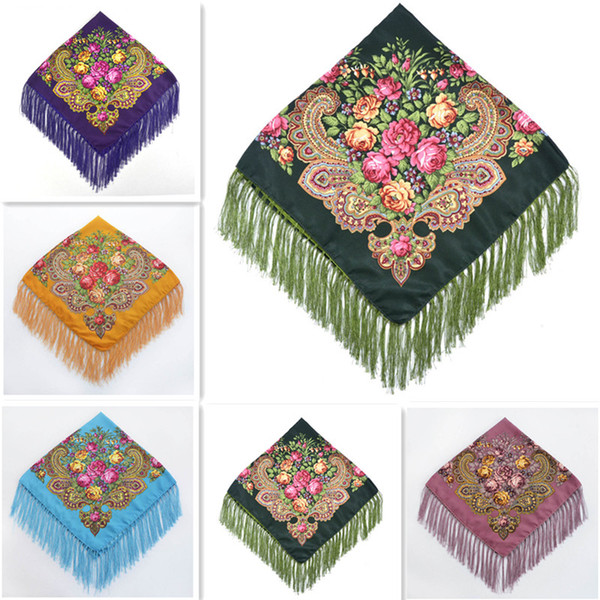 15 styles Russian FOLK style Square Scarf Cotton blend Long Tassel flower Print Scarf shawl Spring Winter ladies turban headband