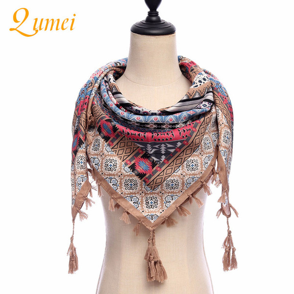 Qumei Shawl Winter Fashion Women Retro Twill Print Scarf Comfortable Cotton Fringed Shawl Printed fringed garment accessories