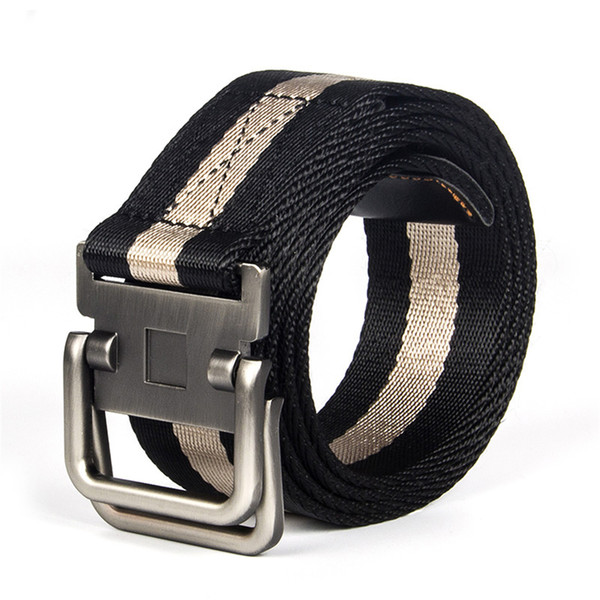 Alloy Double ring buckle nylon belt non-hole tactical outdoor sports ins simple style men's Korean woven striped canvas belt