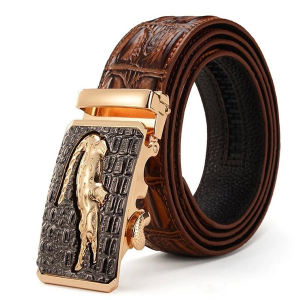 Luxury Mens Alligator Embossed Plaque Buckle Cowskin Genuine Leather Ratchet Belt 3D Crocodile Pattern Jeans Belts For Men Free Shipping