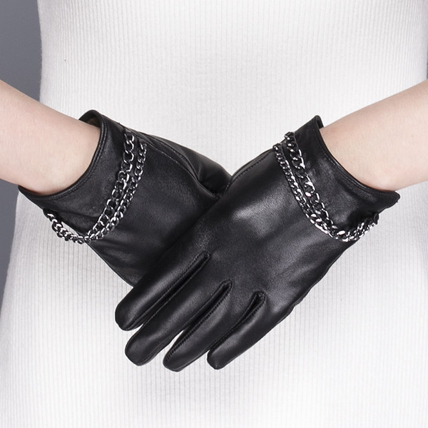 Gours Women's Genuine Leather Gloves Winter Warm Sheepskin Touch Screen Gloves Black Fashion Chain Mittens New Arrival GSL074