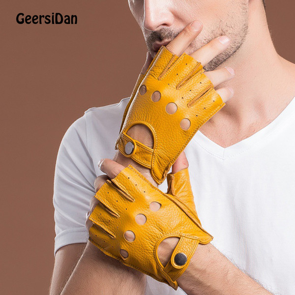 GEERSIDAN 2019 Spring Men's Genuine Leather Gloves Driving Unlined sheepkin Half Fingerless Gloves Fingerless Fitness