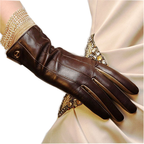 Winter Top Quality Women Gloves Wrist Short Genuine Leather Glove Female Thermal Sheepskin For Driving Free Shipping EL031NR-5