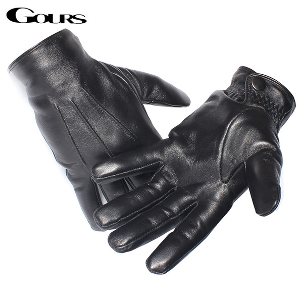 Gours Men's Genuine Leather Gloves Real Sheepskin Black Touch Screen Gloves Button Fashion Brand Winter Warm Mittens New GSM050 Y200110