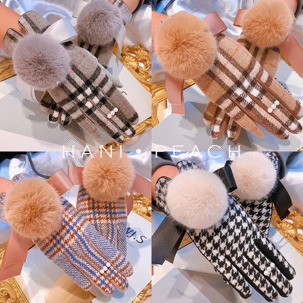 women winter gloves Wool plaid furry ball plush velvet thickening points finger touch gloves Cashmere warm elegant lady