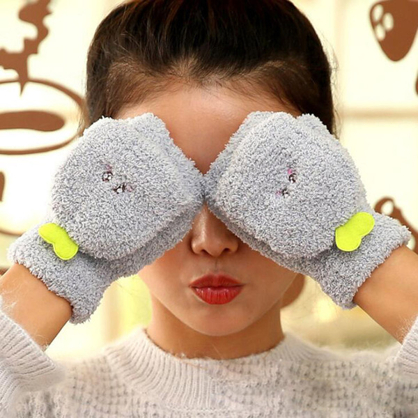 Lovely Lady Cute Cartoon Leaves Clamshell Flip Half Finger Mittens Lovely Winter Women Knit Plush Velvet Warm Cashmere Glove L84