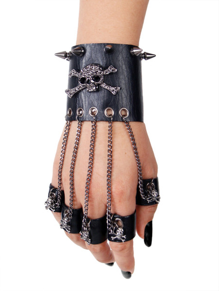 Punk Wrist Accessories Women Chain Wristlet With Buttun Black Rivet Wristlet With Skull PU Leather Only One Size