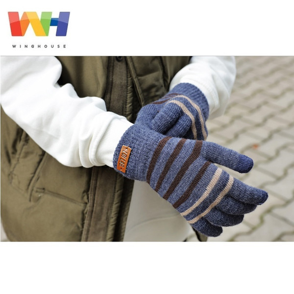 South Korea Winghouse Children Gloves Boy Stripe Knitted Five-finger Mittens Kid Winter Hanging Rope Touch Screen Gloves