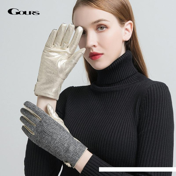 GOURS Genuine Leather Winter Gloves Women Fashion Black Luxurious Gold Touch Screen Hand Driving Gloves 2019 New Mittens GSL066