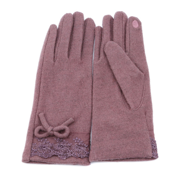 2019 Fashion Gloves Women Autumn And Winter Elegant Lace Patchwork Cashmere Gloves Cute Bow Wool Warm Purple Female Mittens