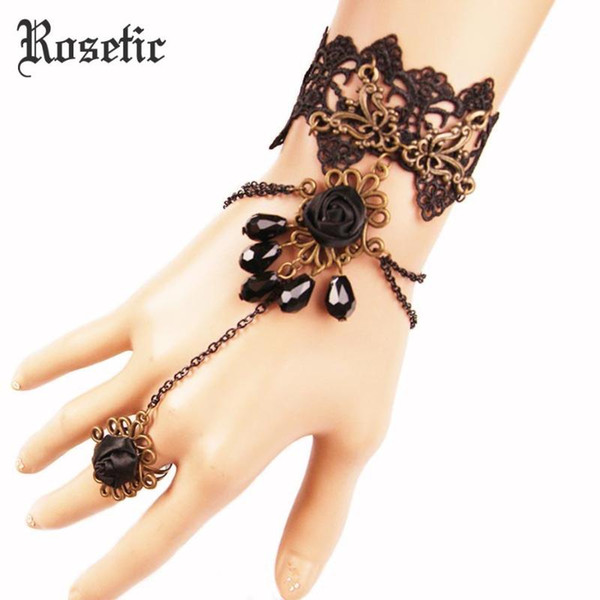 Rosetic Vintage Gothic Woman Ring Bracelet Black Lace Metal Butterfly Ribbon Floral Beads Tassel Layered Chain Party Prom Gifts