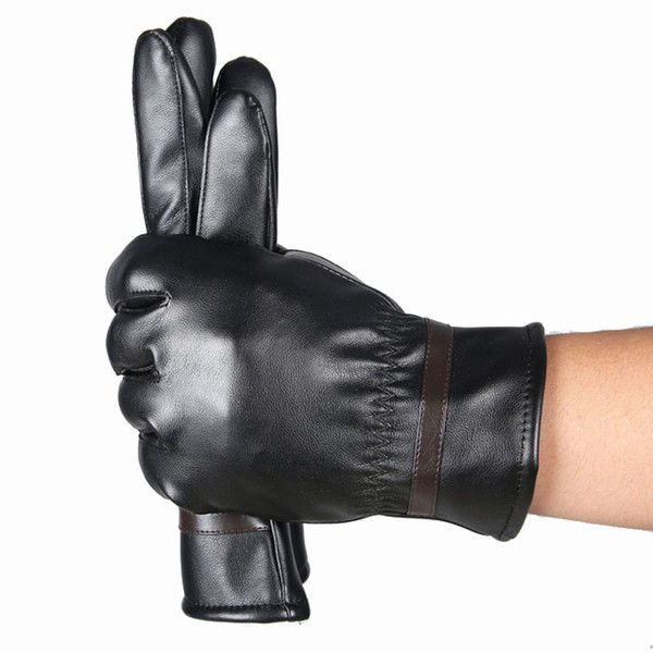 Wholesale- Men Fashion Warm Cashmere Leather Male Winter Gloves Driving Waterproof Glove Mitten Guantes