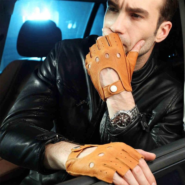 Fashion 2017 Men Deerskin Gloves Wrist Half Finger Driving Glove Solid Adult Fingerless Mittens Real Genuine Leather EM001W