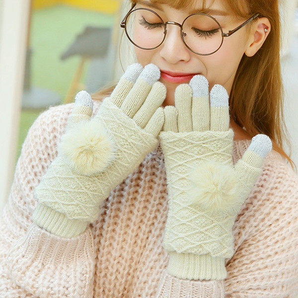 Detachable Dual Layer Winter Gloves Womens Warm Pompoms Fur Ball Fingerless Glove Touchscreen Mittens Knit Wool Gloves