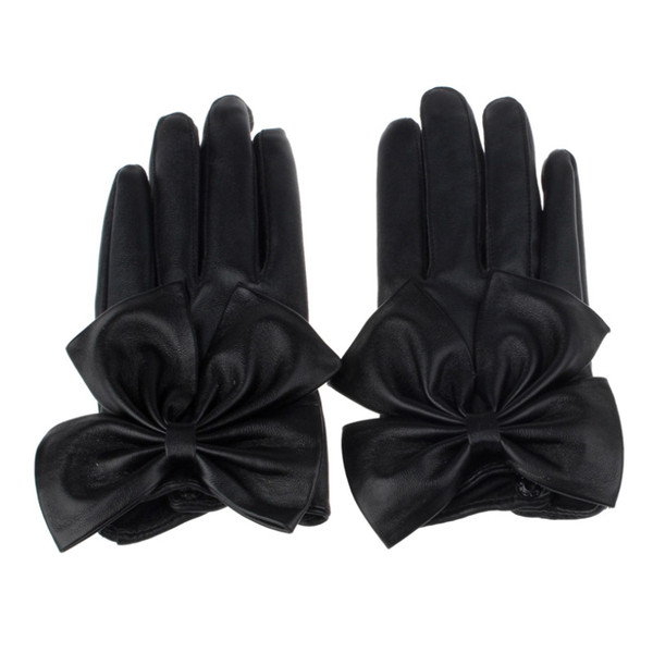 Brand new 2015 Fashion Mittens Women Ladies Winter Butterfly Bow Wrist Black Soft Leather Gloves