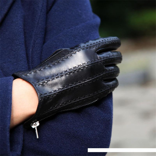 New Women's Sheepskin Genuine Leather Gloves Zipper Autumn Winter Warm Plush Fashion Black Driving Gloves Female XC-111