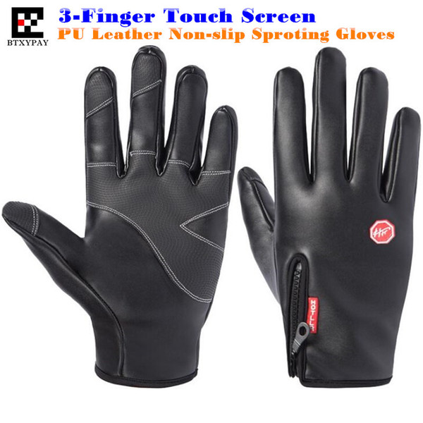 200pair Top-end Unisex Winter Warm Windproof Waterproof PU Leather Gloves,Gold Velvet Neri,Non-slip,3-Finger Touch Screen Gloves