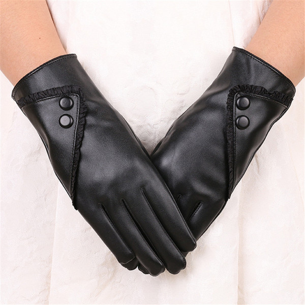 2018 Fashion Women PU Leather Gloves Lace Button Decoration Touch Screen Gloves Warm Driving Cycling Guantes Mujer