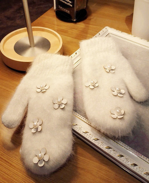 Original Manual Autumn And Winter New Pattern Daisy Flower Pearl Long 's Hair Down Double-deck Keep Warm Even Finger Glove