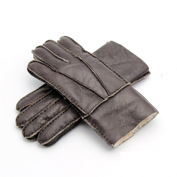 New Men's Winter Gloves Leather Fur Gloves Sheepskin Wool Mittens Medium Thick Warm Leather Driving Male 8 Colors AGB690