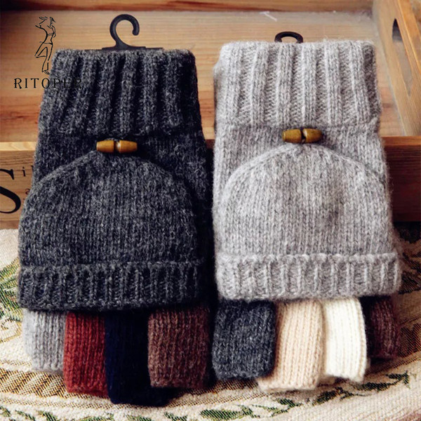 RITOPER Gentleman Fashion Fingerless Gloves Flip Flap Wool Blended Winter Thick Knitted Gloves Half Fingers Hand Sewn Warm Glove