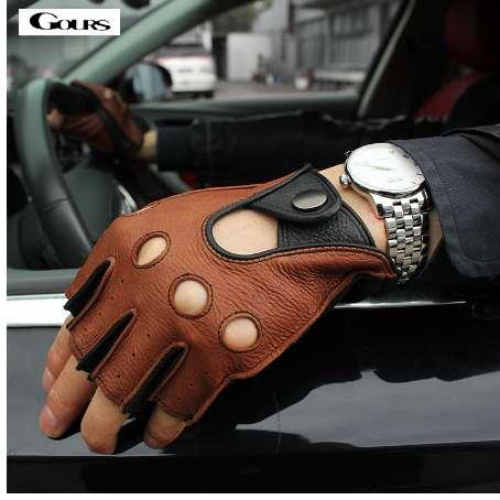 Gours Spring Men's Genuine Leather Gloves Driving Unlined 100% Deerskin Half Fingerless Gloves Fingerless Fitness Gloves GSM046L