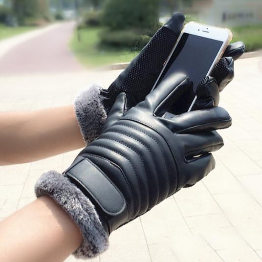 Faux Leather Gloves Men's Winter Touch Screen Slip Plus Velvet Thick Warm Waterproof Cold Riding Cycling Outdoor Motorcycle Gloves