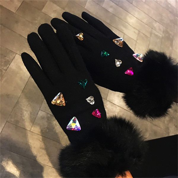 Black Rabbit Hair Glove Love Colourful Rhinestone Gloves Wool Thickening Warm Mittens Woman Five Fingers Gloves 32hn gg