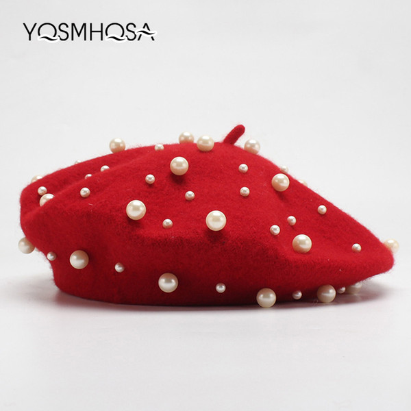 New Fashion Women Red Wool Beret Winter Pearl Beret Hats French Hat Femme Baret Cap Girl Berets Ladies Autumn WH695