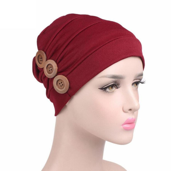 Turbano Scarf Cancer Hat Women Beanies Female Hats Ruffle Wind Red Bonnet Chimio Coton Turban Muslim Button #800