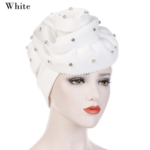 Drop shipping Adisputent Women Muslim Hat Solid Color Floral Turban Hat Rhinestone Cancer Chemo Bandana Headwrap Cap