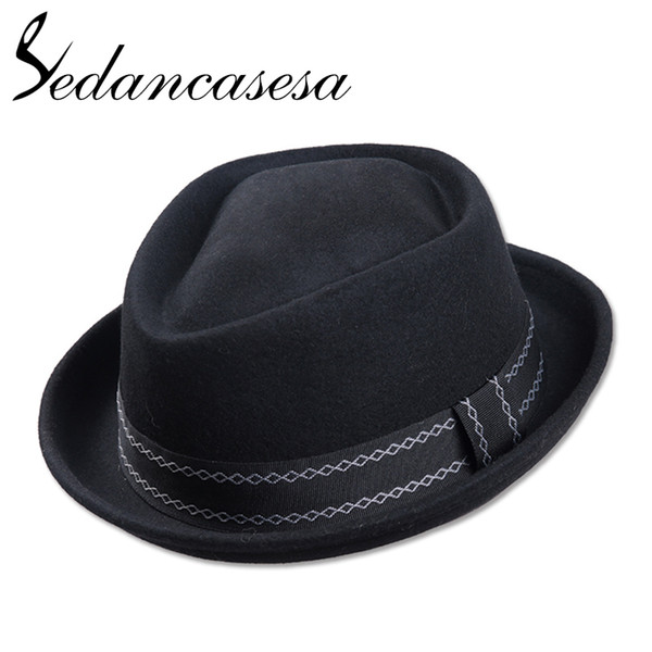 Sedancasesa New Europe England Style Autumn Winter Hat For Men Fedora Hat pork pie Man's Wool Felt Male Fedoras Vintage Cap Y200110